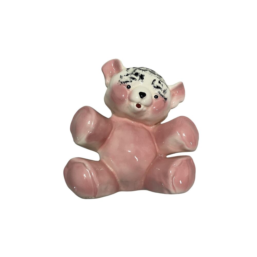 Pink Teddy Bear Planter Baby Vase Ceramic Vintage 1950s 1960s Mid Century 8in